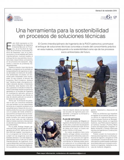 Diario La Segunda destaca Magíster en Ingeniería Ambiental de la PUCV